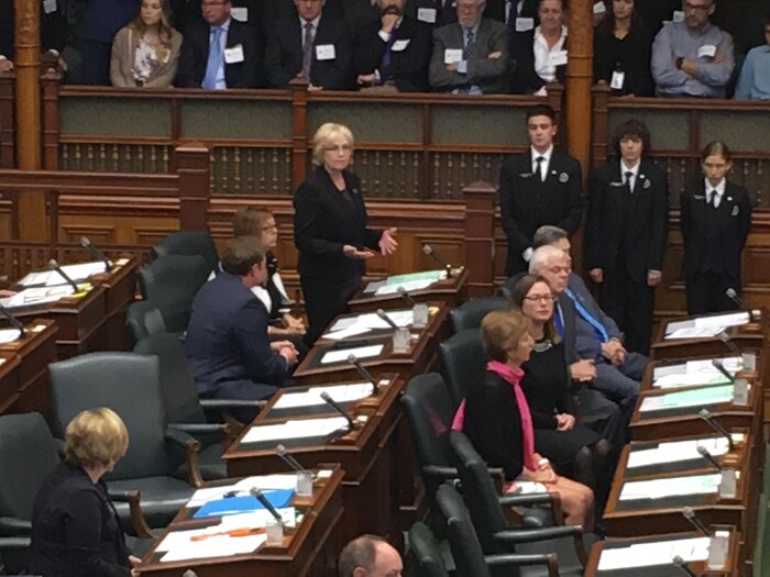 Peggy Sattler s'adresse aux membres de l'Assemblée législative de l'Ontario.