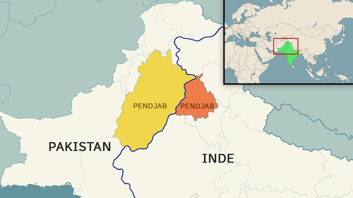 Carte des régions du Pendjab en Inde et au Pakistan. 