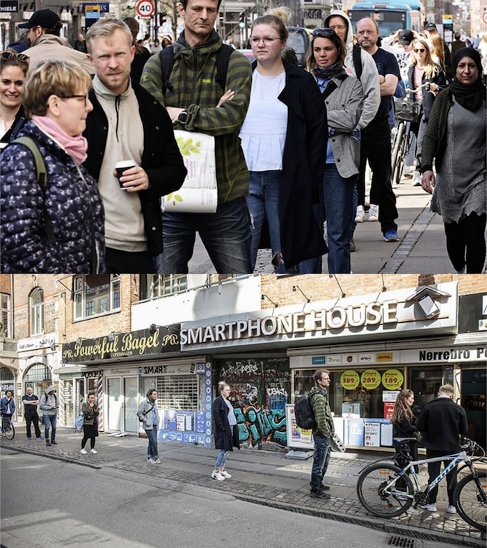 Deux photos de la même scène de gens en file d'attente. En haut, ils ont l'air entassés. En bas, ils ont l'air éloignés.