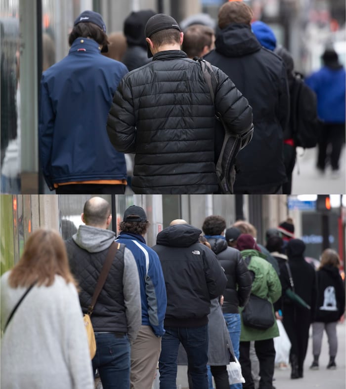 Deux photos de gens en file d'attente au centre-ville de Montréal. En haut, on les voit de dos. En bas, on les voit de biais.