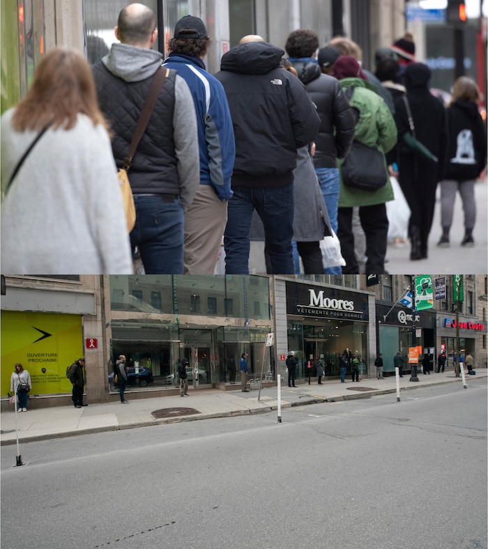 Deux photos de gens en file. En haut, ils ont l'air entassés. En bas, ils ont l'air très éloignés.