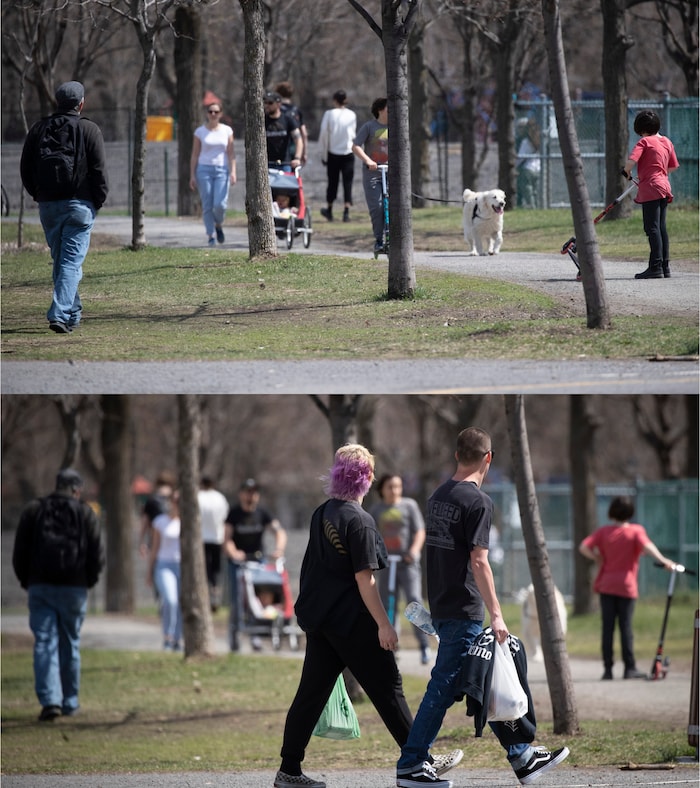 Deux photos de la même scène au parc Laurier. Dans celle du bas, on voit des passants en avant-plan, qu'on ne voit pas dans celle du haut.