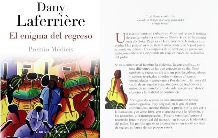 Couverture avant et arrière de L'énigme du retour, de l'auteur canado-haïtien Dany Laferrière. 