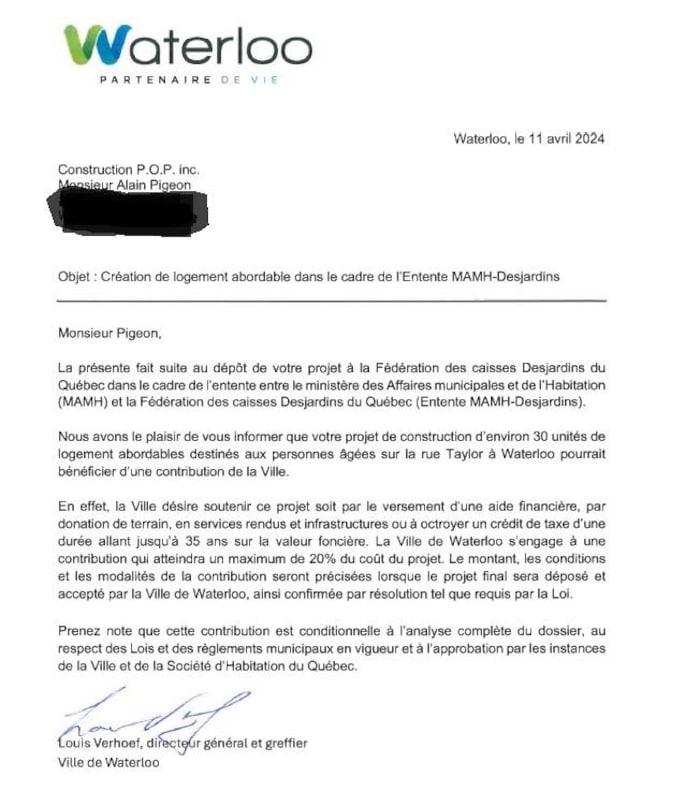 Lettre d'appui au projet de création de logement abordable de la Ville de Waterloo adressée à Alain Pigeon.