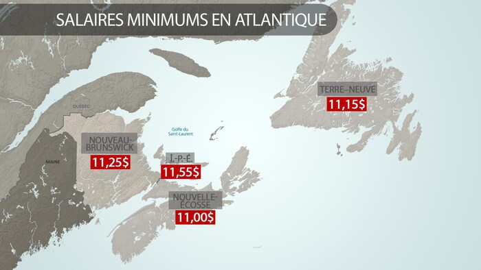 Carte des provinces de l'Atlantique avec le salaire minimum pour chacune d'entre elles.