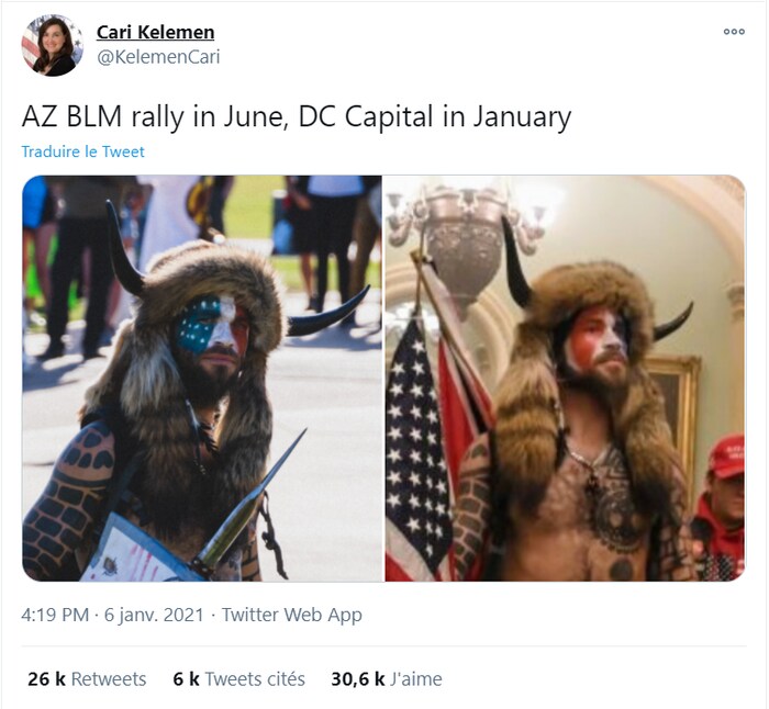 Les deux photos dans le tweet montrent le même homme, portant un casque viking.