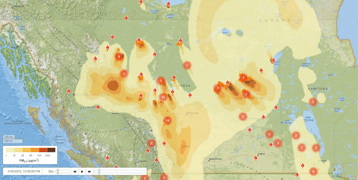 Carte animée qui montre la modélisation des prévisions de qualité de l'air dans l'ouest du Canada. La zone de mauvaise qualité s'étend sur ces trois jours.