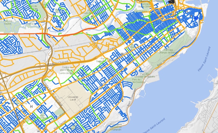 Une carte qui représente les artères où la limite de vitesse est à 30, 40 ou 50 km/h.