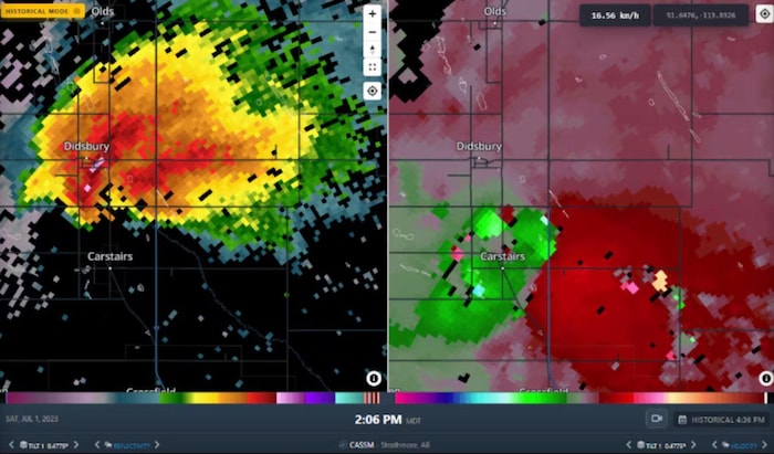 Une imagerie radar lors de la violente tornade EF4 près de Didsbury, en Alberta, le jour de la fête du Canada 2023, est présentée ci-dessus.