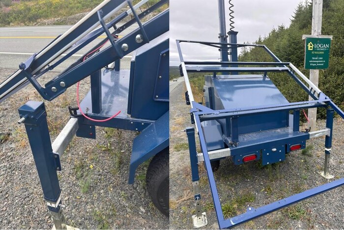Montage de deux images d'une structure en métal le long d'une route.
