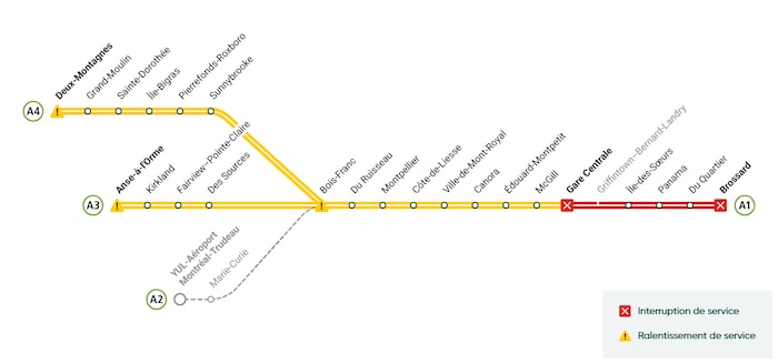 Une carte du réseau qui montre des section fermée et en ralentissement.