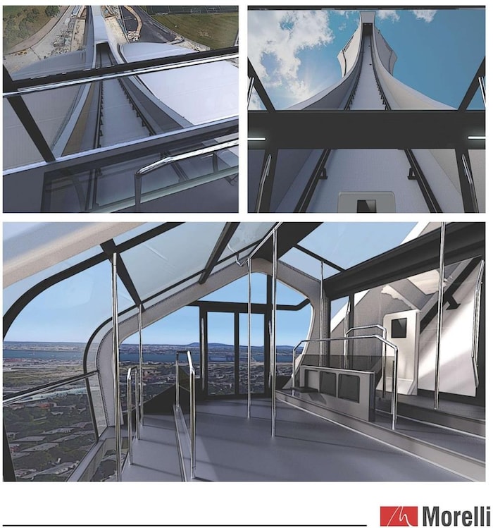 Trois dessins dans une mosaïque montrant l'extérieur et l'intérieur du nouveau funiculaire.