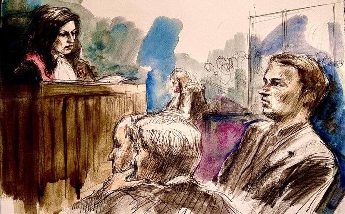 Court drawing of Justice Pomerance peering at Nathaniel Veltman.