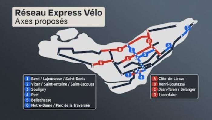Carte du réseau express vélo à Montréal.