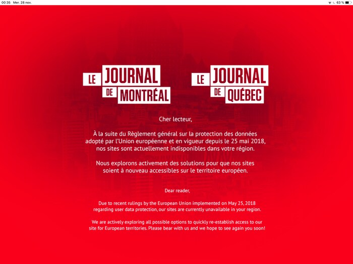 Un panneau indique que les sites du Journal de Montréal et du Journal de Québec sont indisponibles.