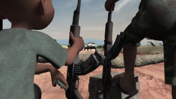 Vidéo d'animation où un enfant tient un fusil d'assaut.