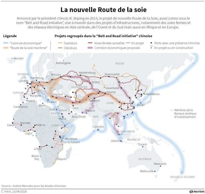 Carte du monde montrant les projets faisant partie de la nouvelle Route de la soie.