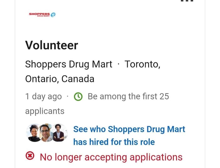A now-deleted job listing on LinkedIn advertised a 'volunteer' position at a Shoppers Drug Mart in downtown Toronto.