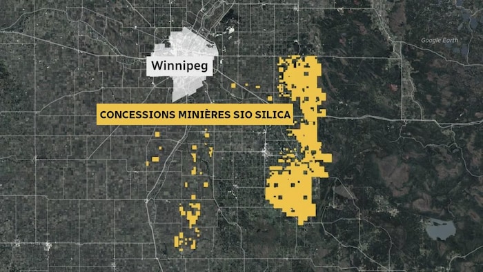 Une carte montrant les concessions minières de Sio Silica au Manitoba, en mai 2023.