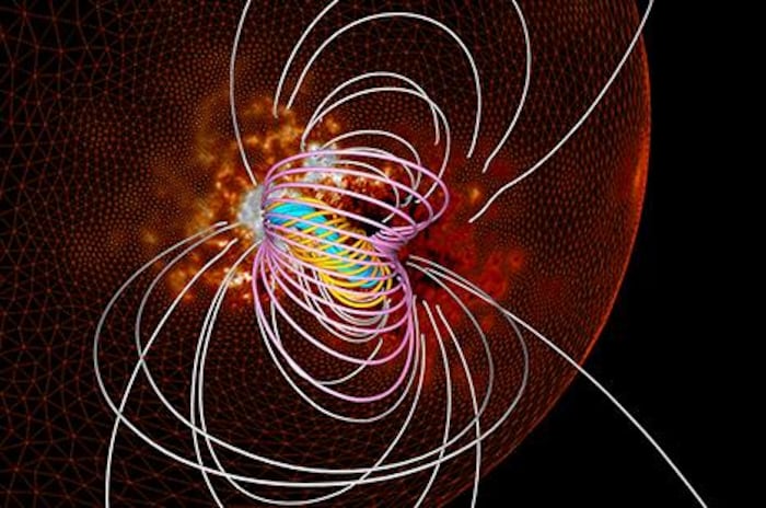 Illustration de la présence d'une cage magnétique renforcée multicouche dans laquelle se développe la corde magnétique pendant les dernières heures avant l'éruption.