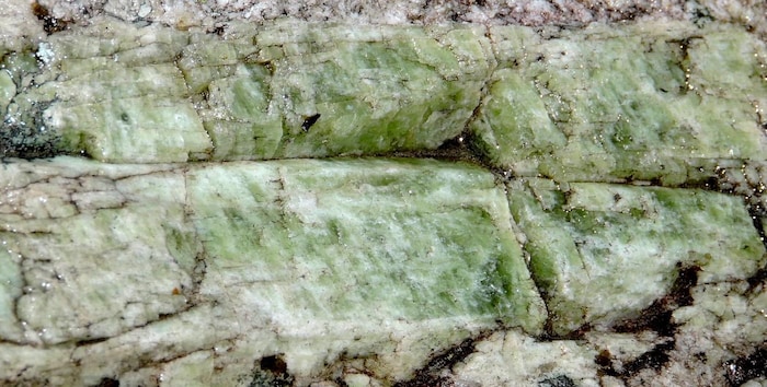 Gros plan sur des cristaux de spodumène dans de la roche de pegmatite blanche.