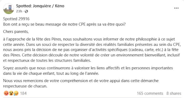 Une capture d'écran du message envoyé par les CPE La Souris verte.