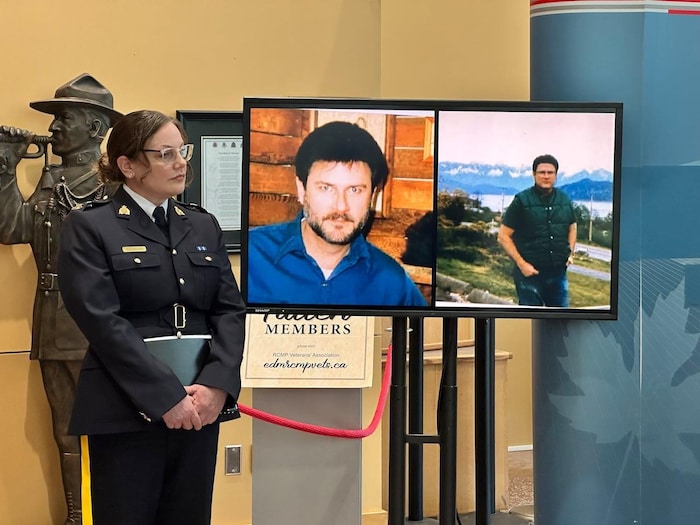 RCMP Insp.  Brenne Brown with photos by Gary Allen Sreary.  Police say Sreri, who died in 2011, was responsible for the deaths of four young victims in Calgary in the 1970s.