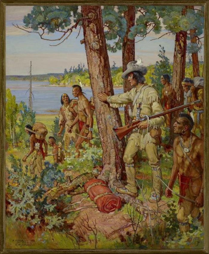 Tableau du peintre canadien Frederick Sproston Challener, en 1956. Il représente l'explorateur Étienne Brûlé entourés d'Autochtones torses nus.