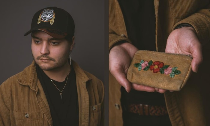 Un collage composé d’un portrait de Tatso Juniper et d’un sachet pour le tabac, confectionné par sa grand-mère. 