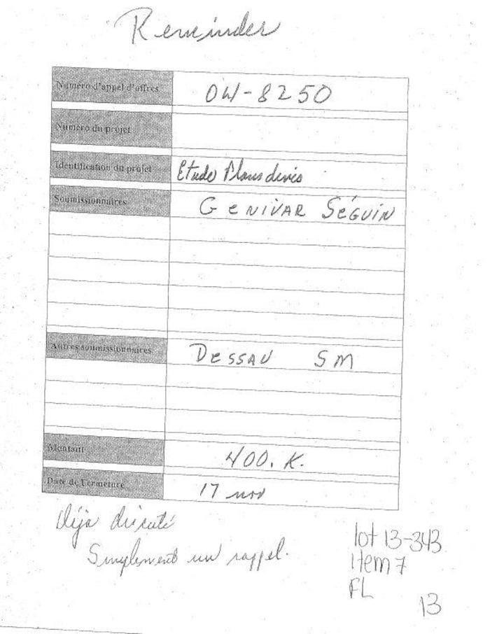 Une télécopie avec les noms des firmes, un montant et un message disant « déjà discuté simplement un rappel ».