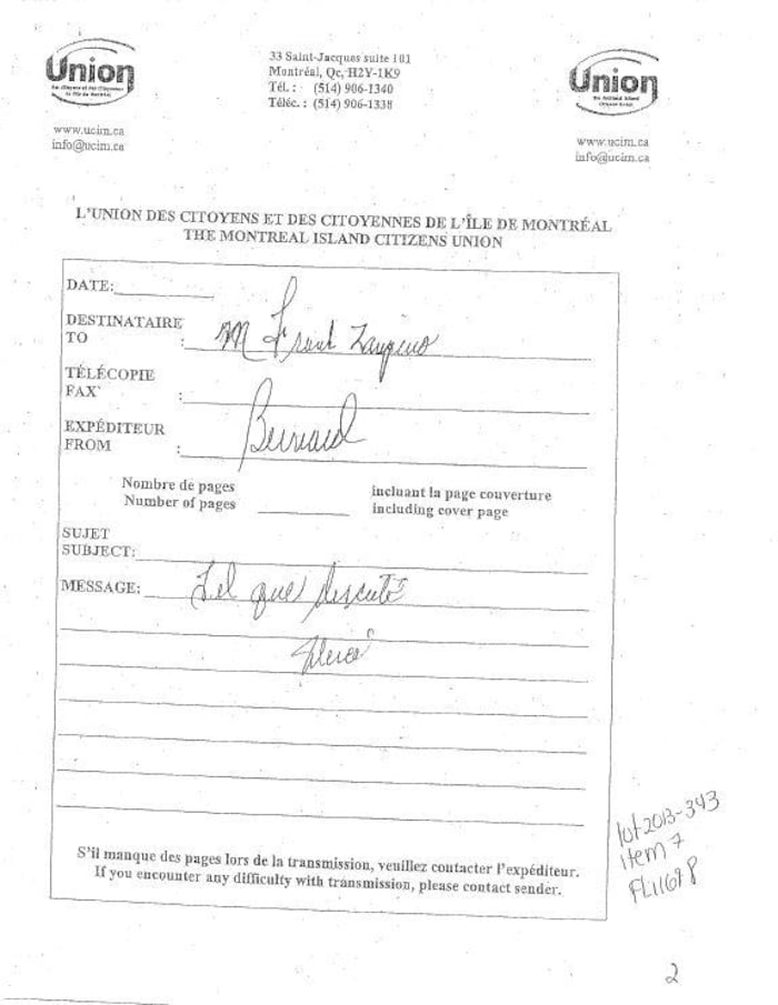 Une télécopie portant le message «Tel que discuté» écrit à la main.