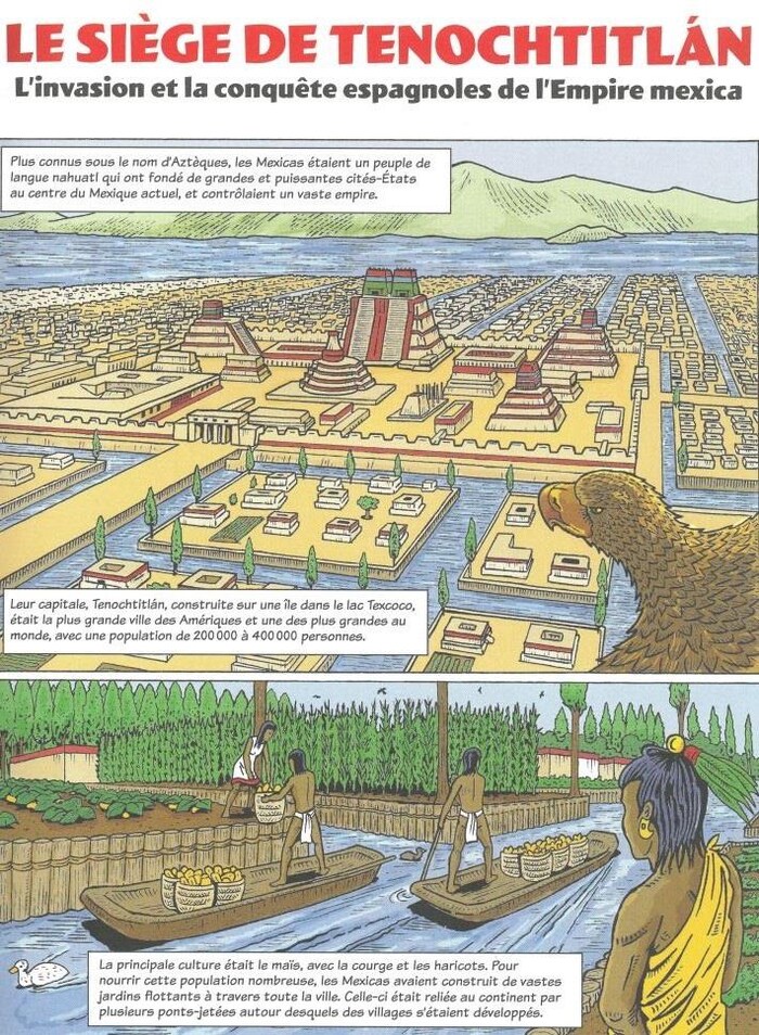 Page de la bande dessinée montrant la ville de Tenochtitlan avant l'invasion espagnole. 