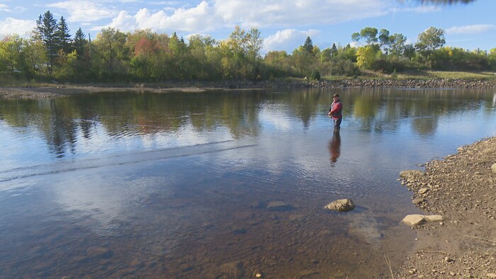 Fernand Tessier, debout dans une rivière, lance sa ligne à l'eau.