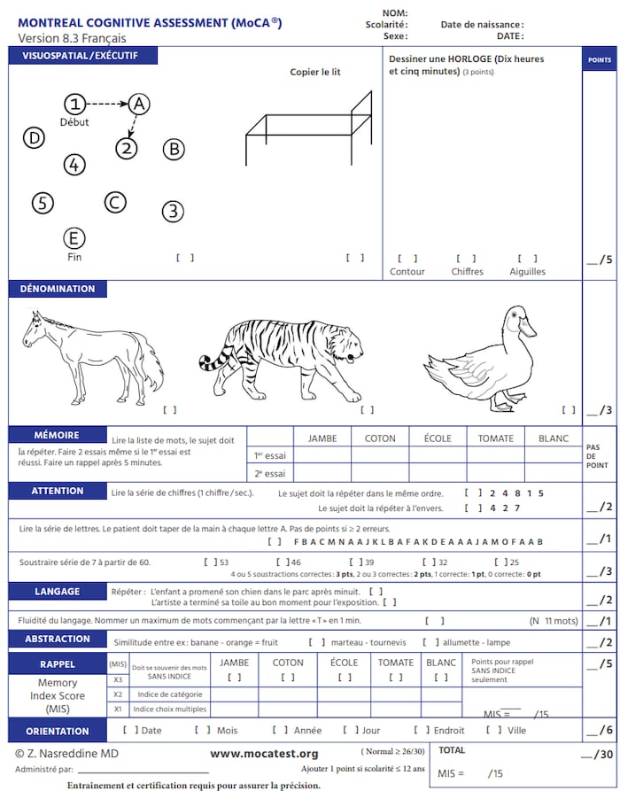On voit un questionnaire montrant notamment un cheval, un tigre et un canard.