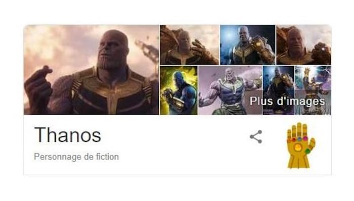 Dans les résultats de recherche Google, on rassemble plusieurs images de Thanos, sous lesquelles se trouve un gant doré serti de cinq pierres colorées. 