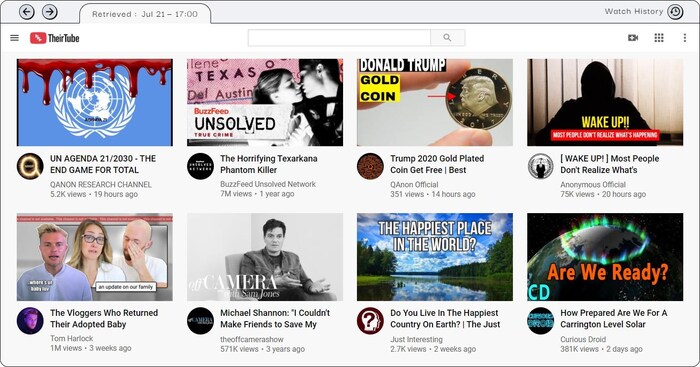 Une page de recommandations YouTube sur le site TheirTube.