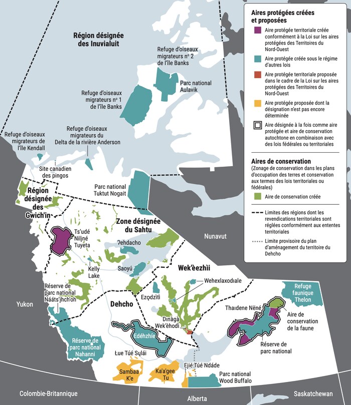 Une carte montrant le réseau de conservation terrestre des Territoires du Nord-Ouest.