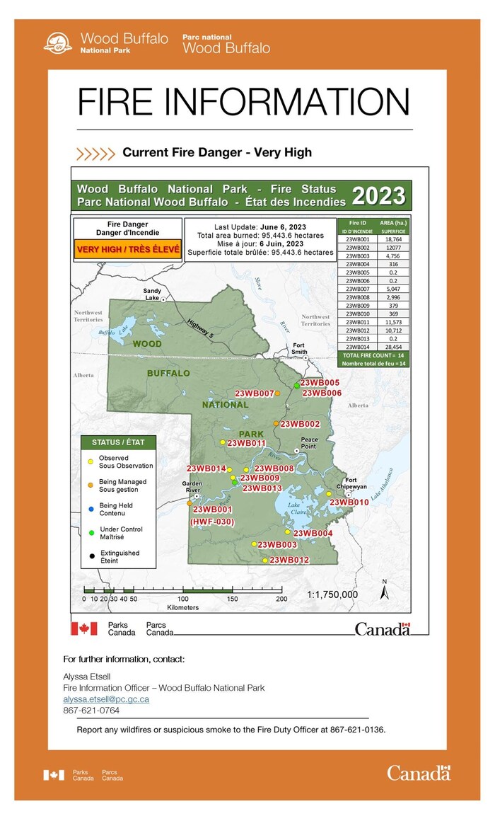 Carte du 6 juin 2023 intitulée État des incendies 2023 montrant tous les feux actifs dans le parc national Wood Buffalo.