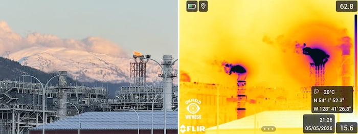 Une photo de LNG Canada en comparaison avec une capture d'écran qui montre des flammes violettes. 