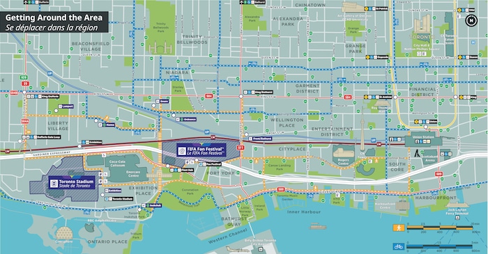 Carte de la Ville de Toronto présentant les lignes de la commission de transport de Toronto, les voies cyclables et les chemins piétons