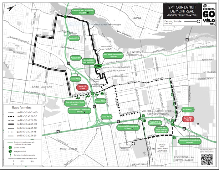 Une carte détaillant les heures d'ouverture et de fermeture des rues à la circulation générale durant le Tour la Nuit.