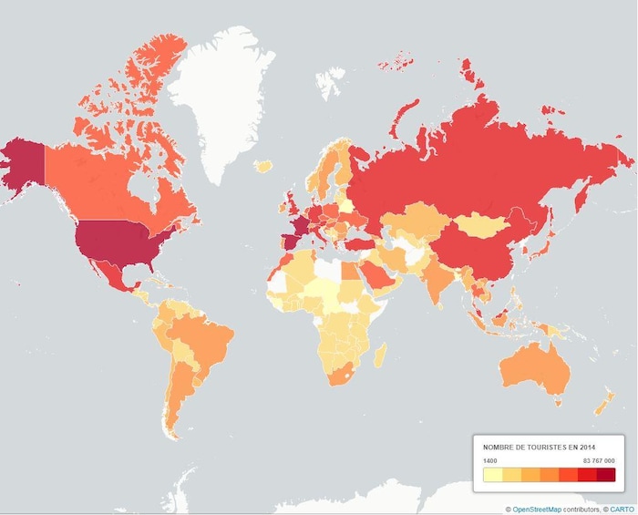 Carte du monde montrant les endroits les plus visités par les touristes.