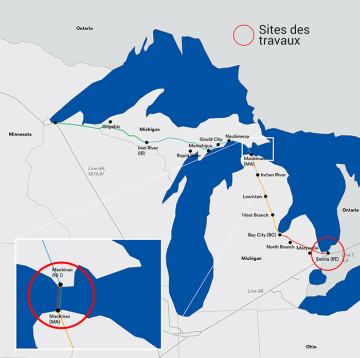 Carte du tracé avec les sites de travaux à Sarnia et Mackinac
