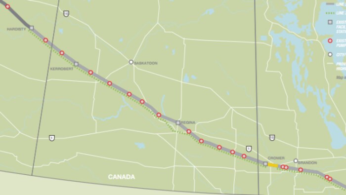 Une carte du tracé du pipeline de la canalisation 3 en Saskatchewan.