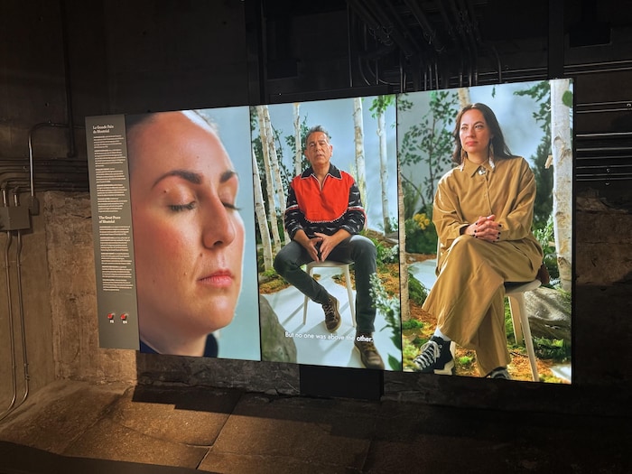 Trois grands écrans lumineux présentent en gros plan deux femmes et un homme assis, devant un décor composé de bouleaux et de végétation.