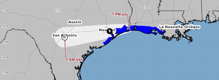 La côte est peinte en bleu et un cône se dirige vers San Antonio.