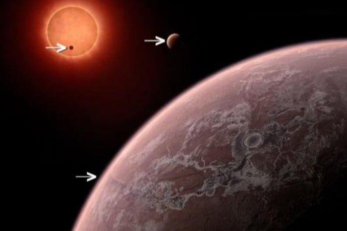 Représentation artistique de trois exoplanètes en orbite autour de l'étoile TRAPPIST-1.