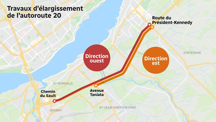 Carte montrant l'emplacement des travaux sur le trajet de l'autoroute 20, à Lévis.