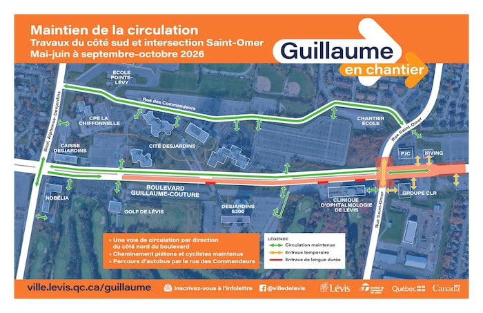 Capture d'écran d'une carte des travaux du côté sud et à l'intersection Saint-Omer du boulevard Guillaume-Couture, de mai-juin à septembre-octobre 2026. 