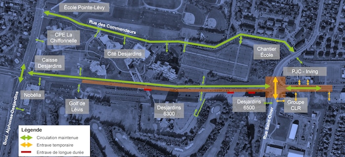 Une carte représentant les secteurs touchés du boulevard Guillaume-Couture par les travaux.